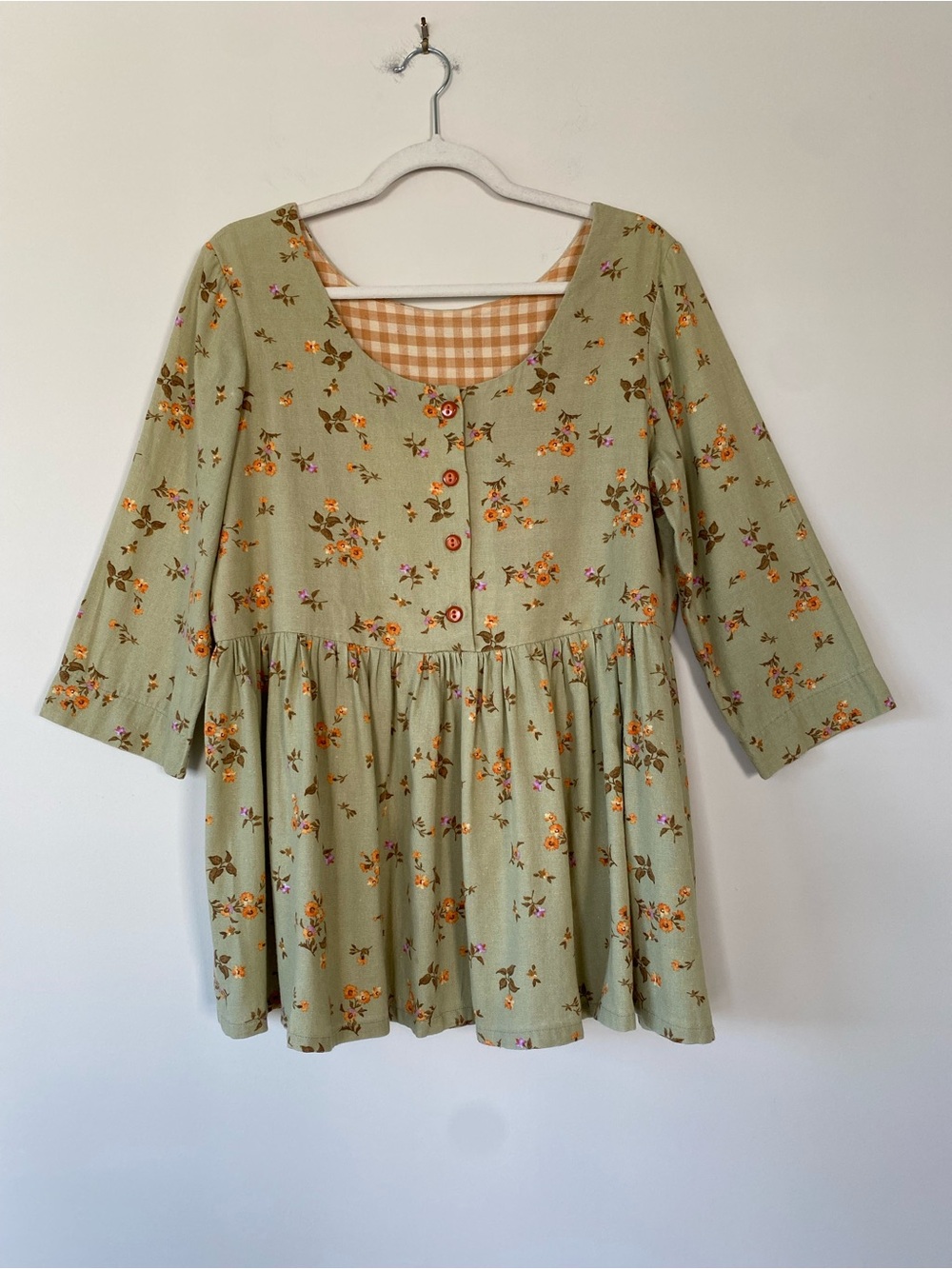 Olive Green Floral Gathered Peplum Hem Gingham Lined 3/4 Sleeves Cottagecore S